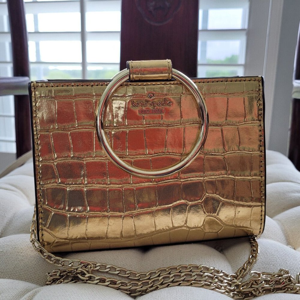 Kate Spade New York Gold Embossed Leather Clutch Cross Body Purse